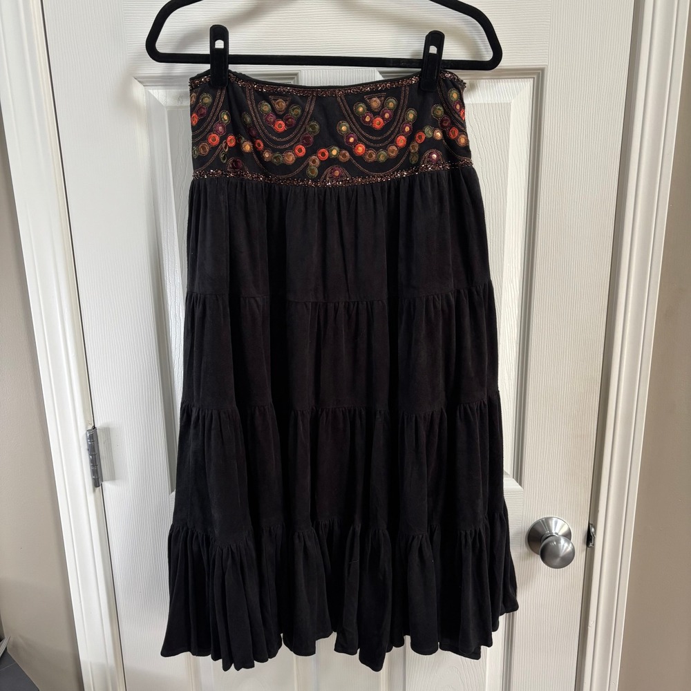 Lulumari NWT Black Faux Suede Tiered Maxi Skirt Embroidered Sequin Boho M